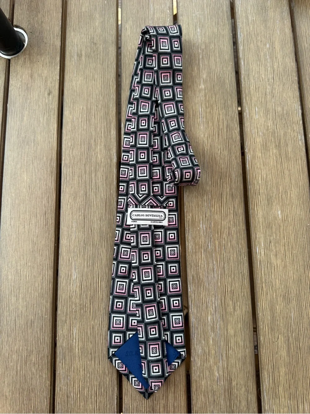 Carlos Devenezia 100% Silk Men’s Tie Geometric Square Pink Black Gray